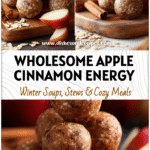 Close-up of Apple Cinnamon Energy Bites stacked on a wooden board with oats and apple slices nearby.